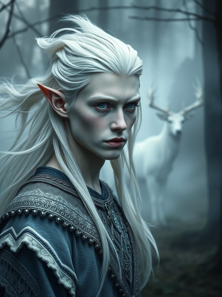 Albino Ice Elf in Mystical Forest, Hyperrealistic Photo