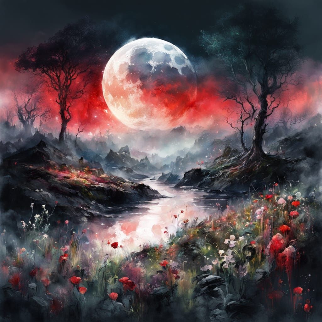 Moonlit Summer Landscape with Rivers and Waterfalls