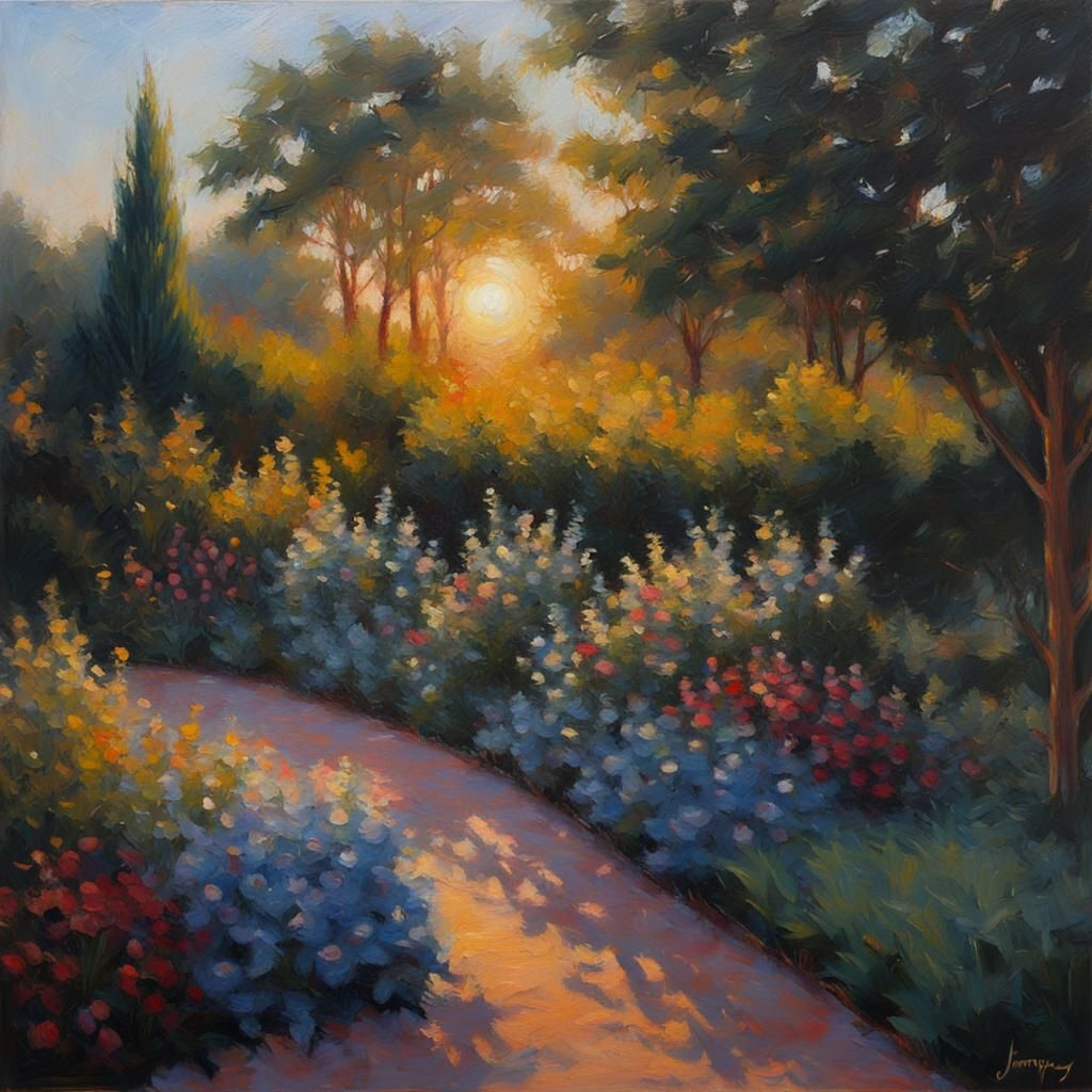 Impressionistic Sunset Garden in Oil Painting