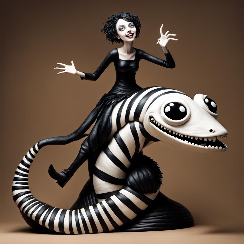 Gothic Girl Rides Sandworm in Tim Burton Style