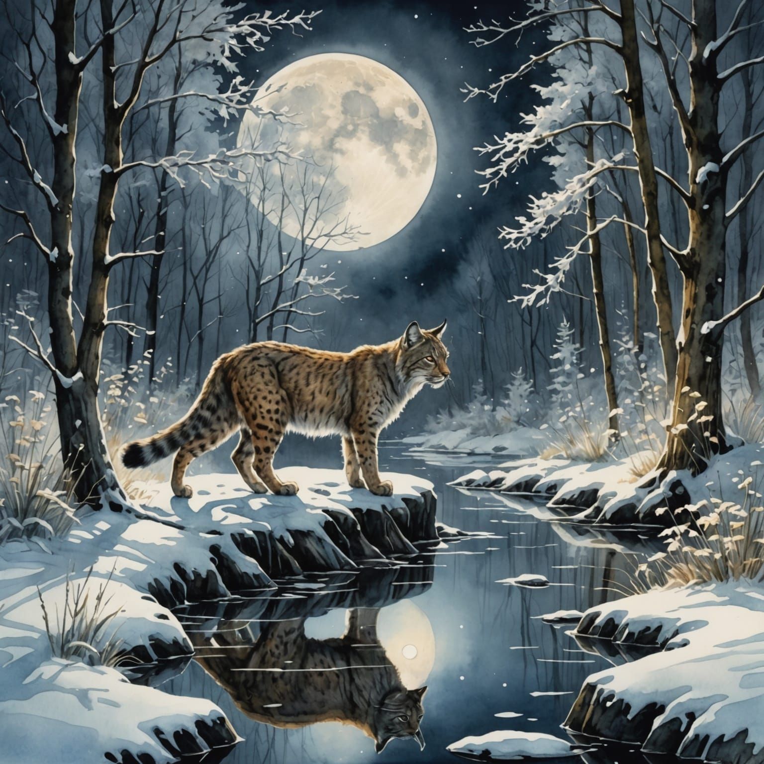 Icy River in Snowy Forest, Watercolor and Ink Painting