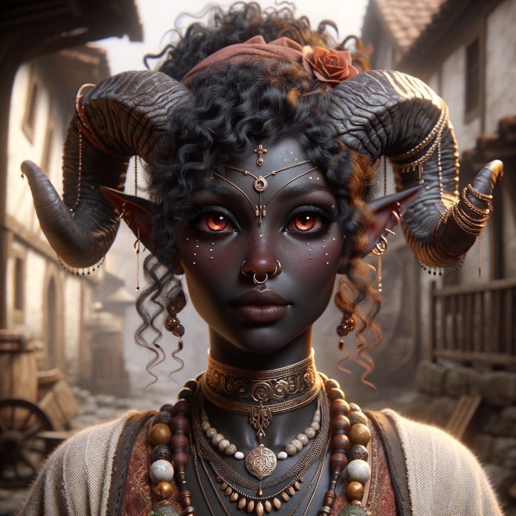 tiefling bard in a side street