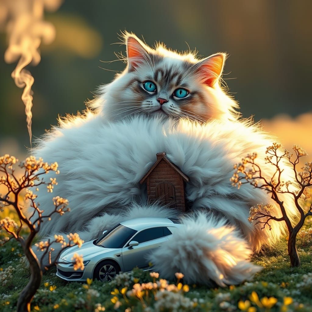 Giant Colourpoint Cat in Sunny Meadow