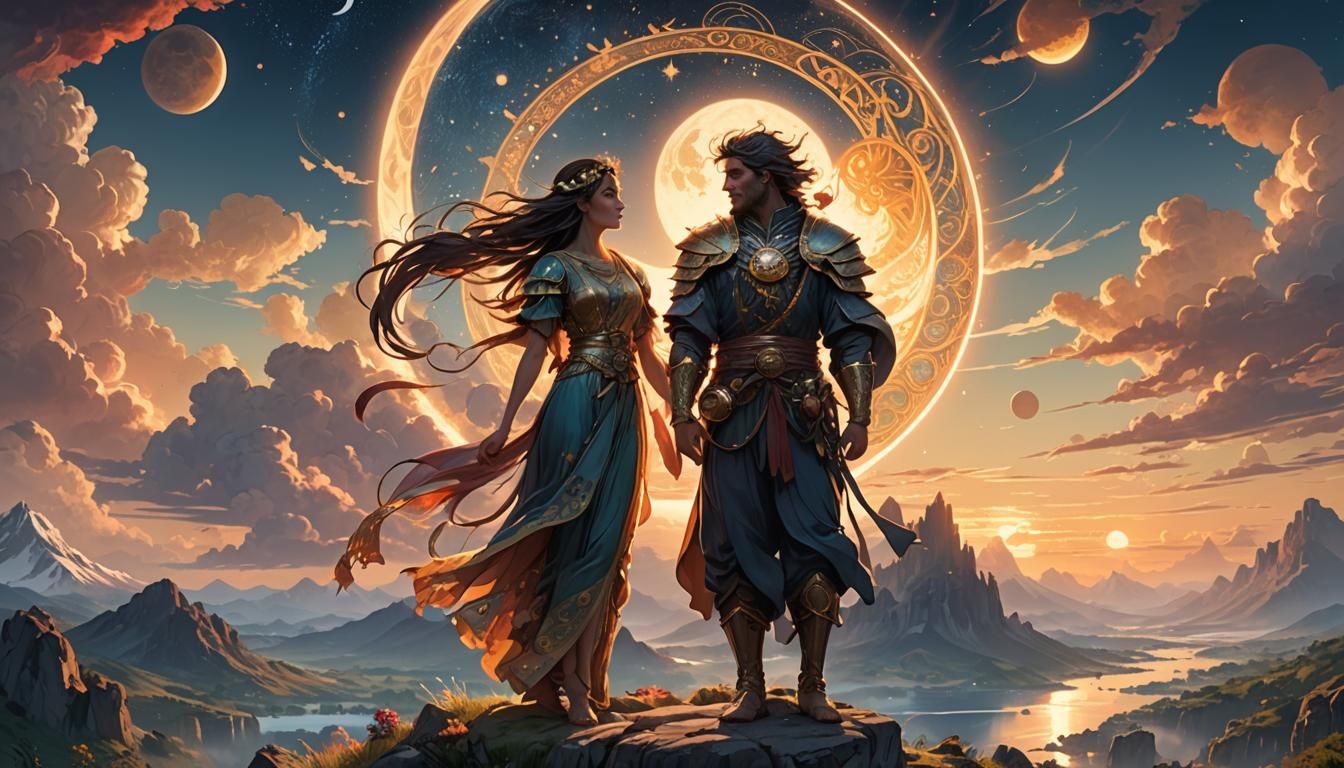 Celestial Meeting: Sun and Moon Landscape