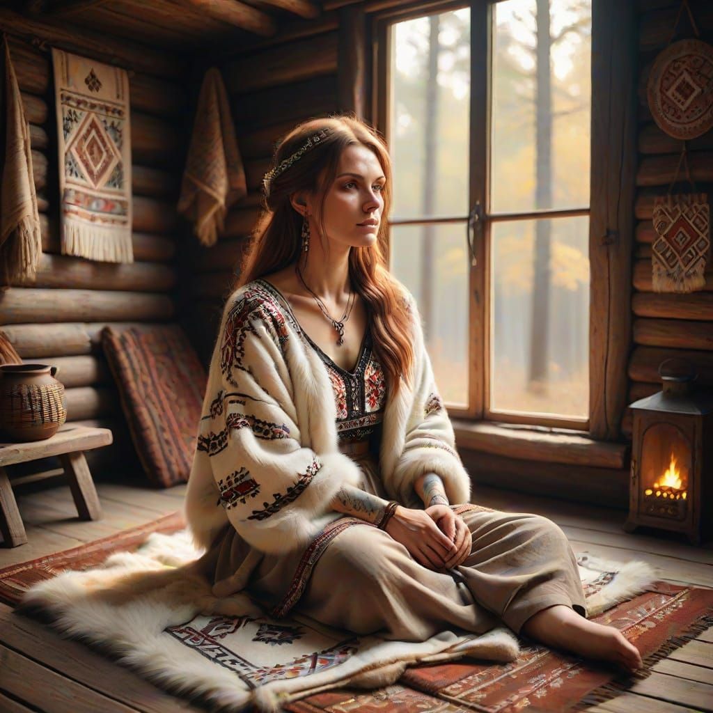 Gentle Slavic Woman in Rustic Cabin: Realistic Photo