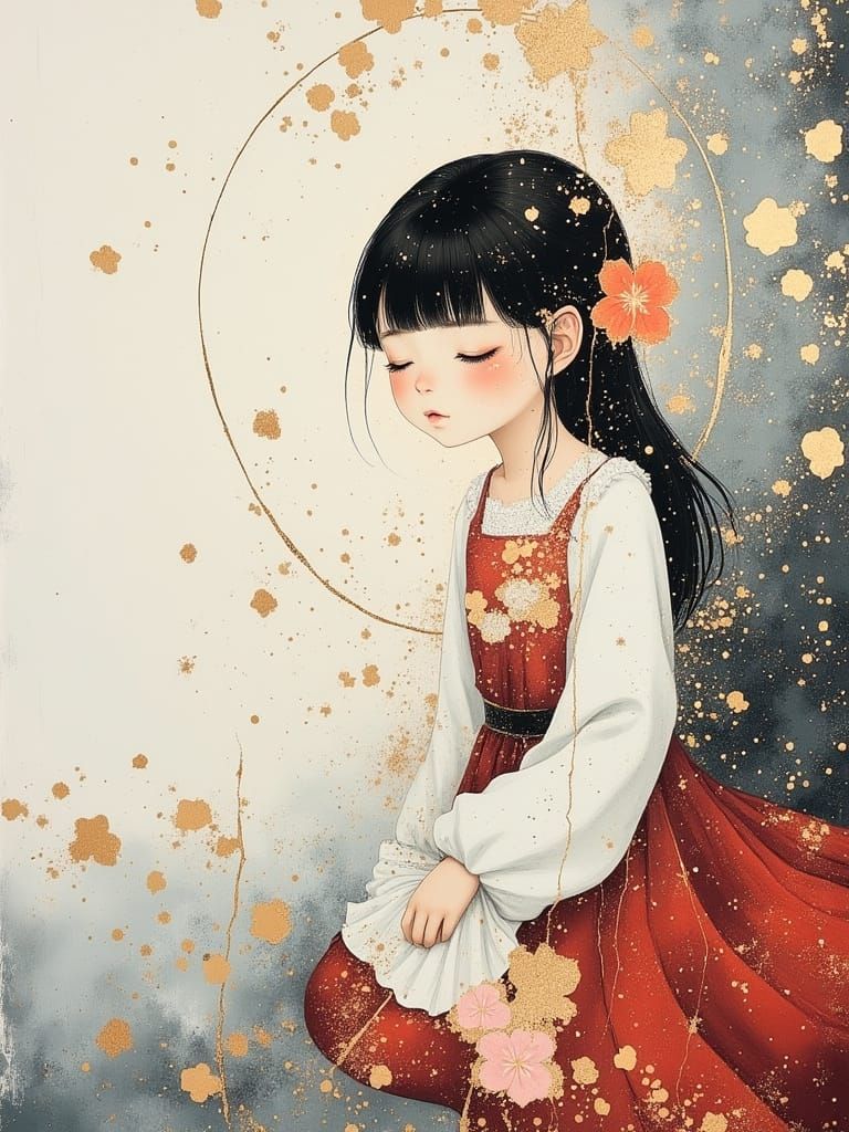 Japanese Girl in Elegant Traditional Kimono