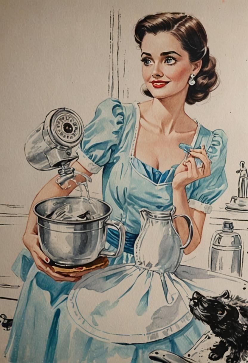 Beautiful Housewife in 50s Watercolor Style