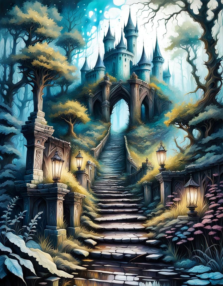 Enchanted Forest: Medieval Stairway in Airbrush Painting Sty...