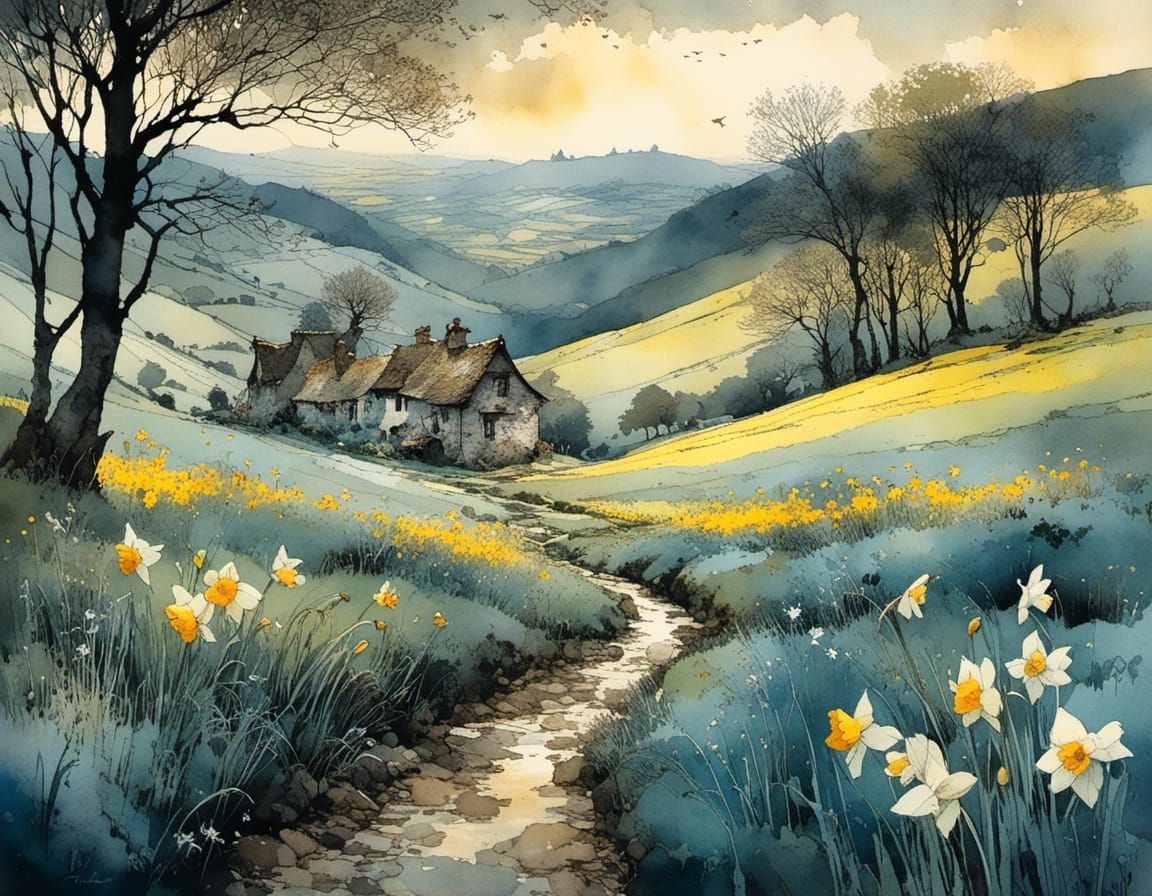 Whimsical Daffodil Landscape in Intricate Style