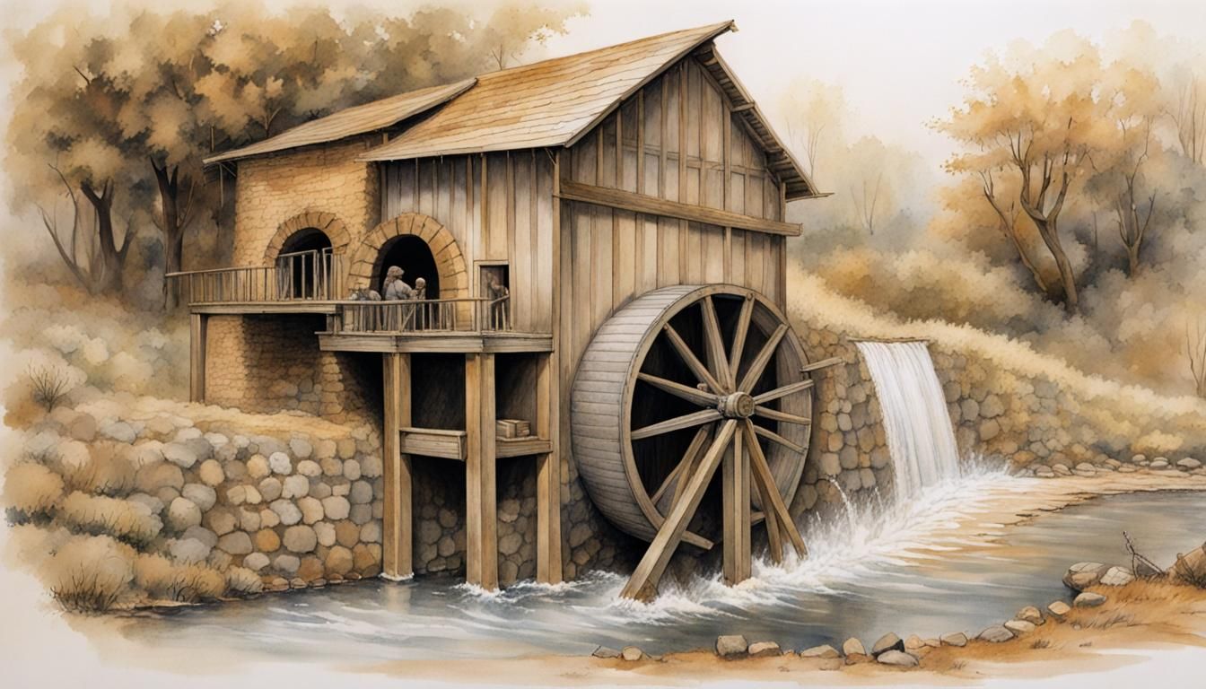 Water Wheel Powers Ancient Grain Mill in Alan Lee Style