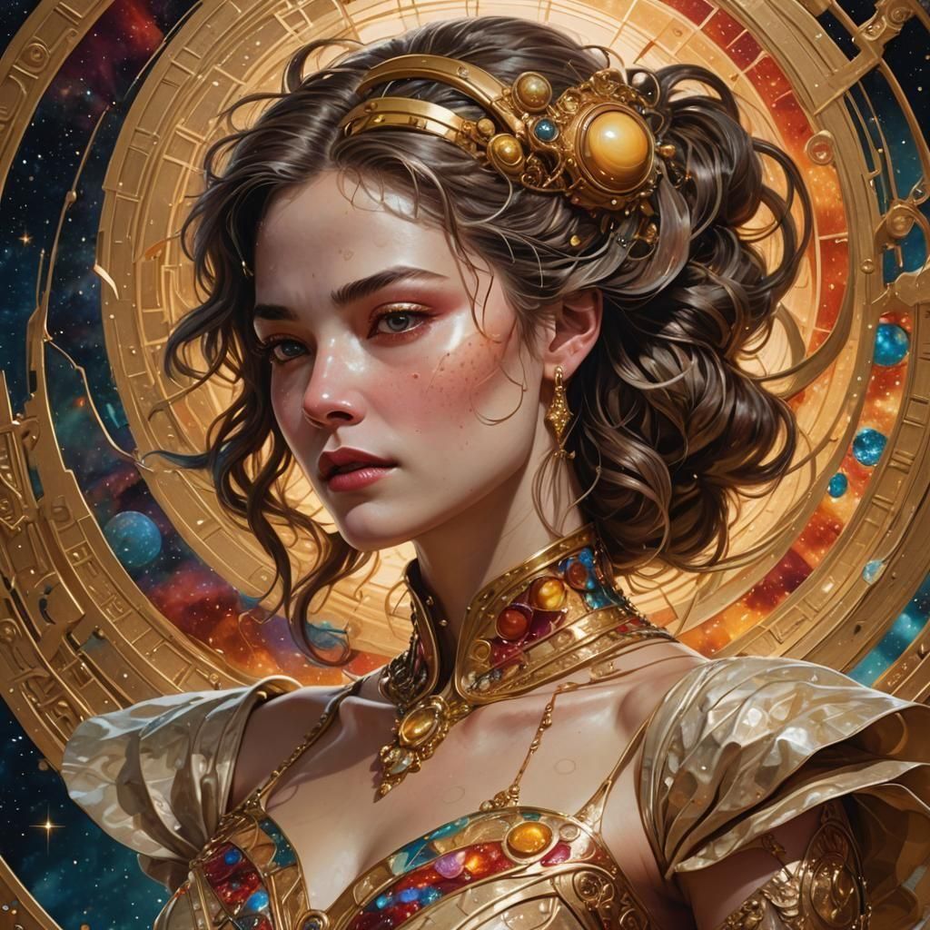 Saturn-Headed Woman in Luxurious Gown