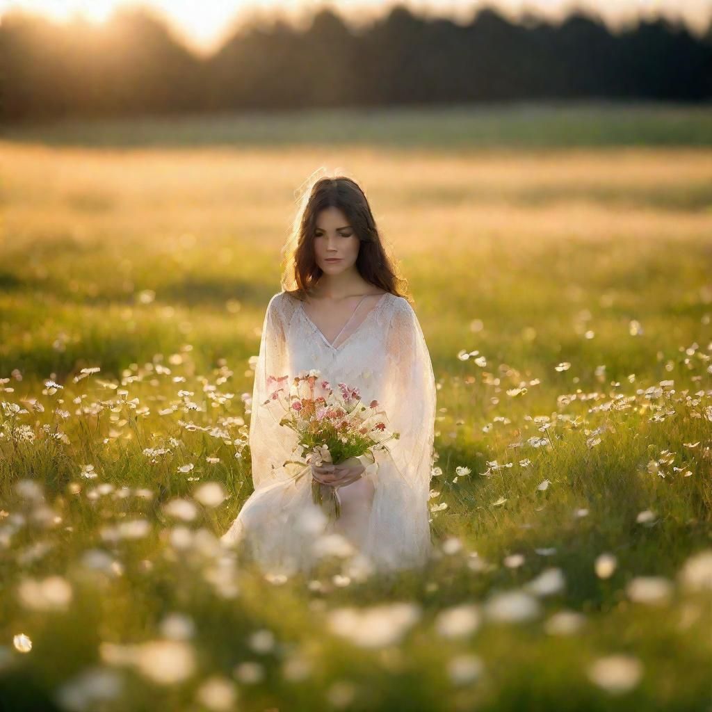 Ethereal Woman in Crystal Meadow: Floral Transparency
