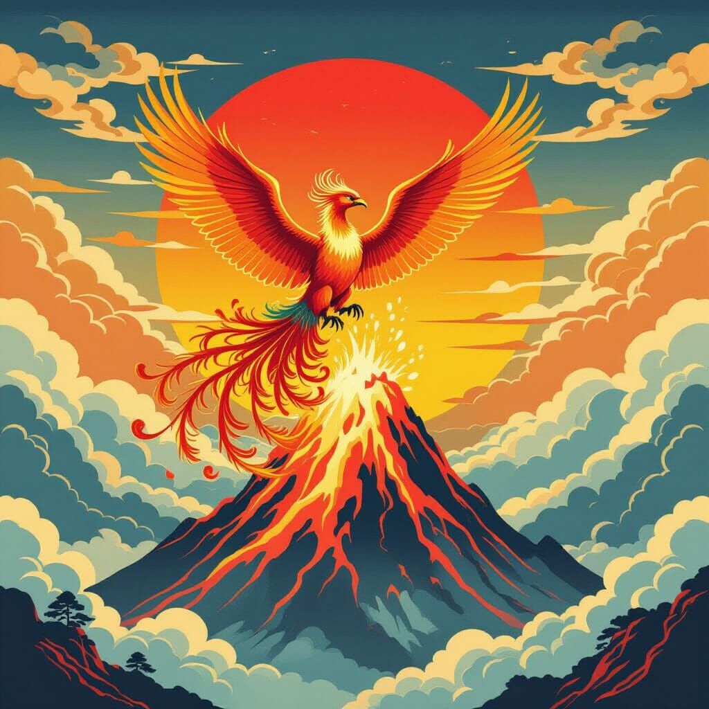 Majestic Phoenix Erupts From Fiery Mountain in Ukiyo-e Style