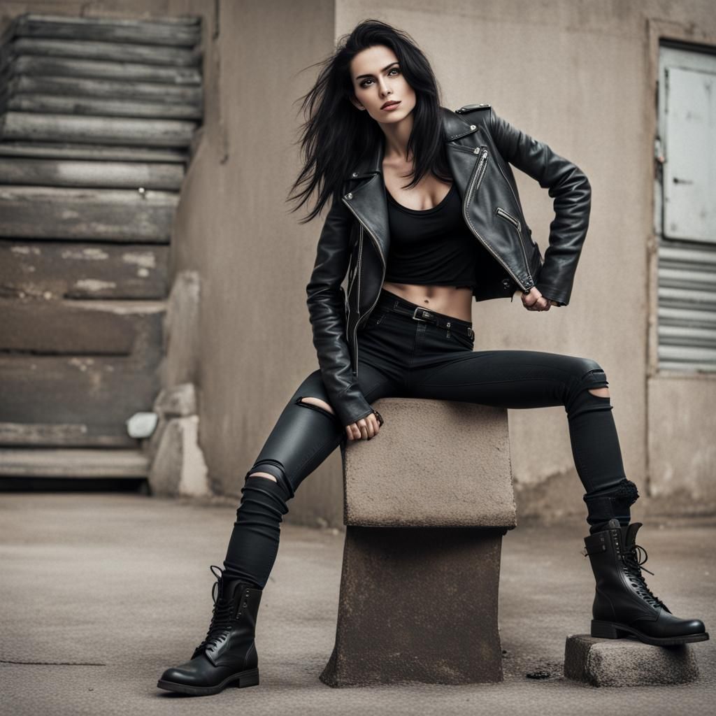 Woman in Leather Jacket and Combat Boots