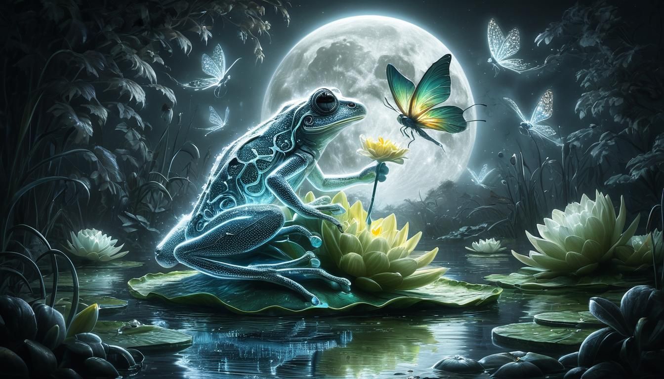 Glowing Frog Gives Gift to Dragonfly under Full Moon