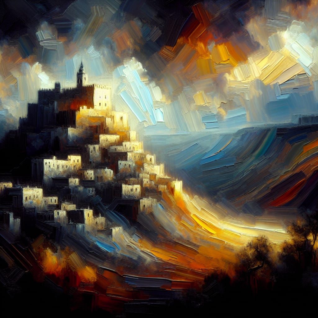 Bright Citadel in Dark Landscape Impasto Painting