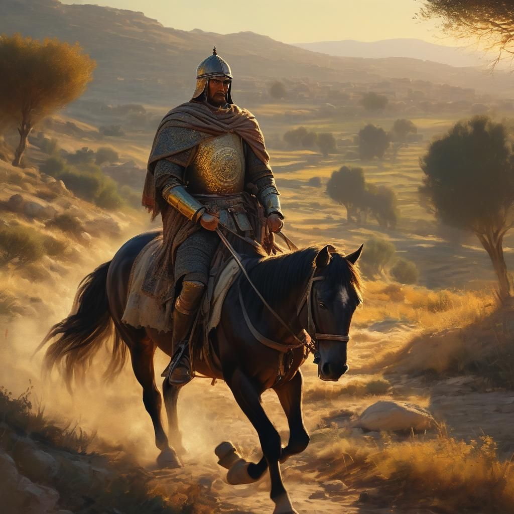 Byzantine Warrior Rides Through Sicilian Landscape in Golden...