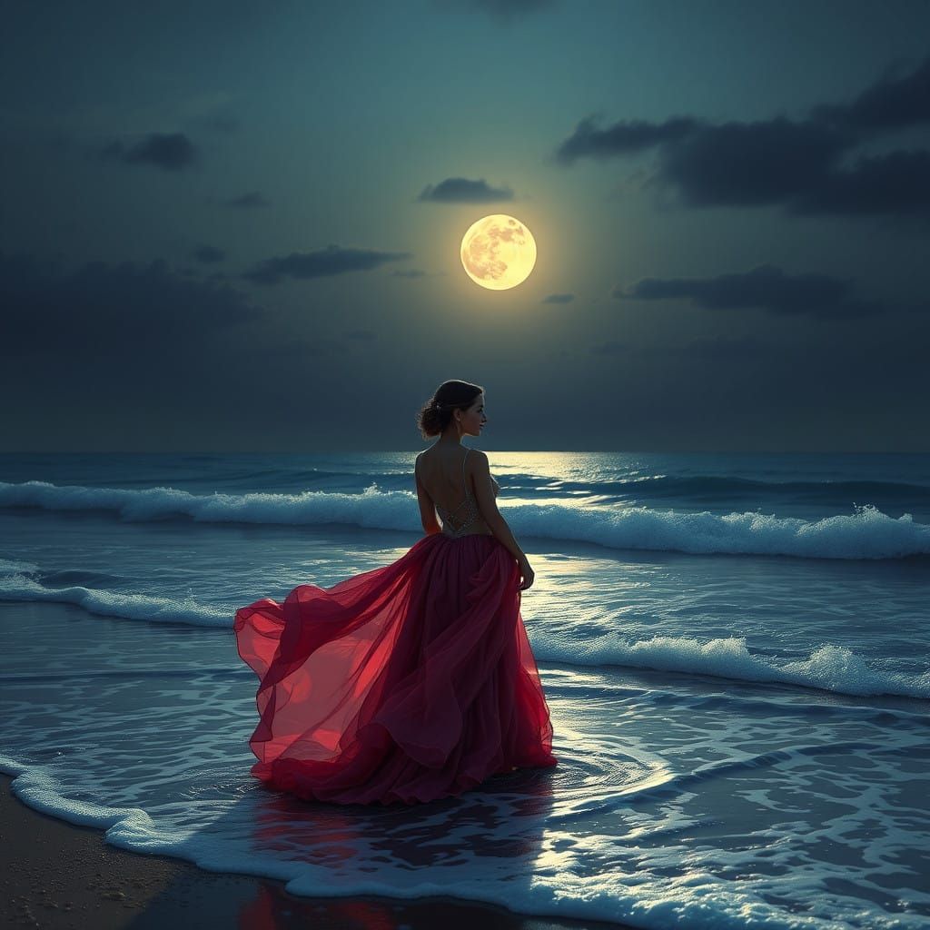 Glamorous Woman on a Moonlit Beach at Sunset