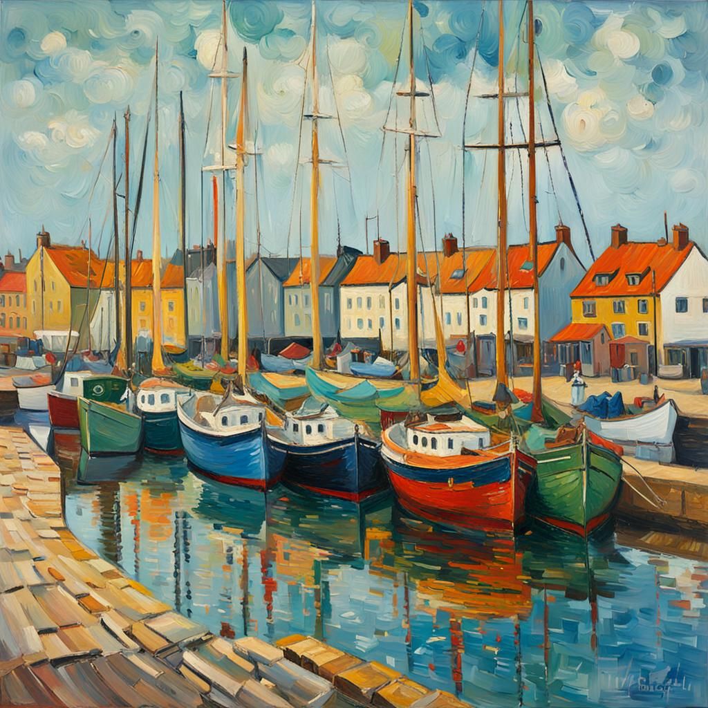 Esbjerg Harbor: Neo-Impressionist Painting in Van Gogh Style