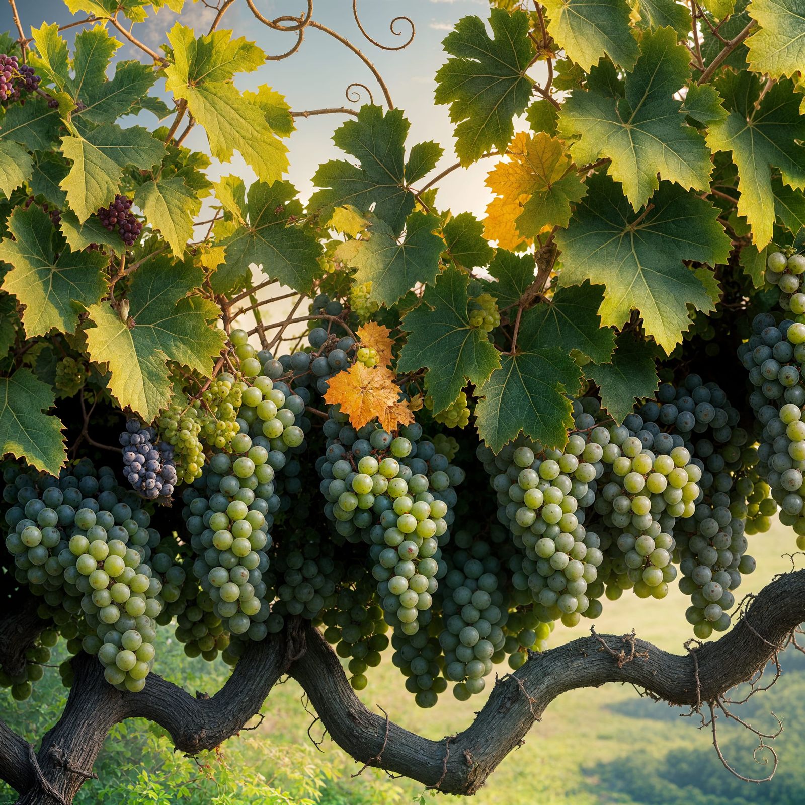 Tangled Vine with Emerald and Canary Grapes
