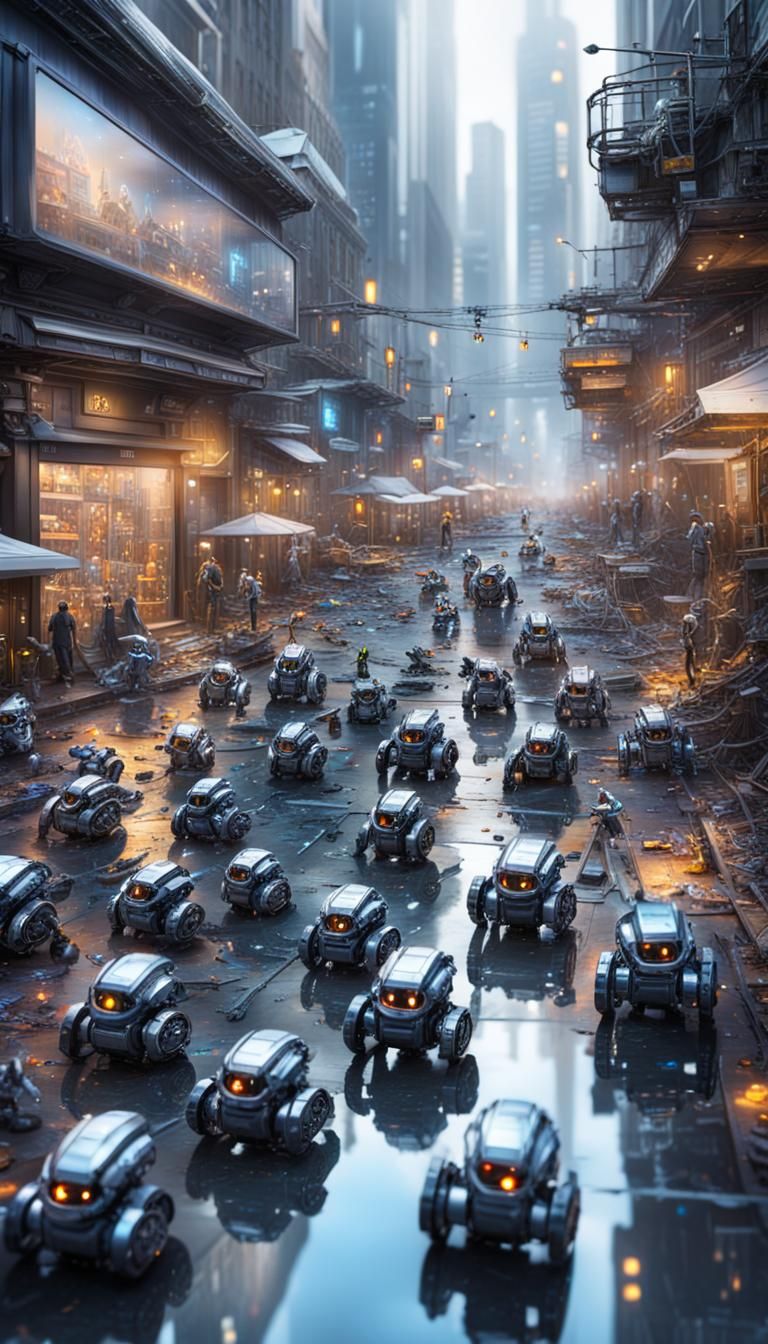 Utopian Micro Robots Cleaning City, Photorealistic Sci-Fi