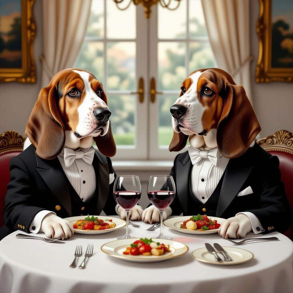 Basset Hounds Enjoying an Elegant Dinner in Formal Dress