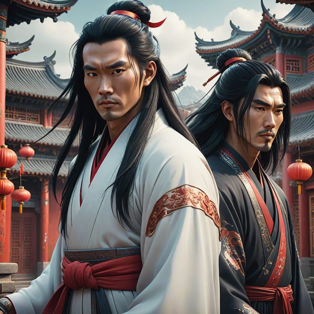 Asian Warriors in Traditional White Robes Haunt Ancient Chin...