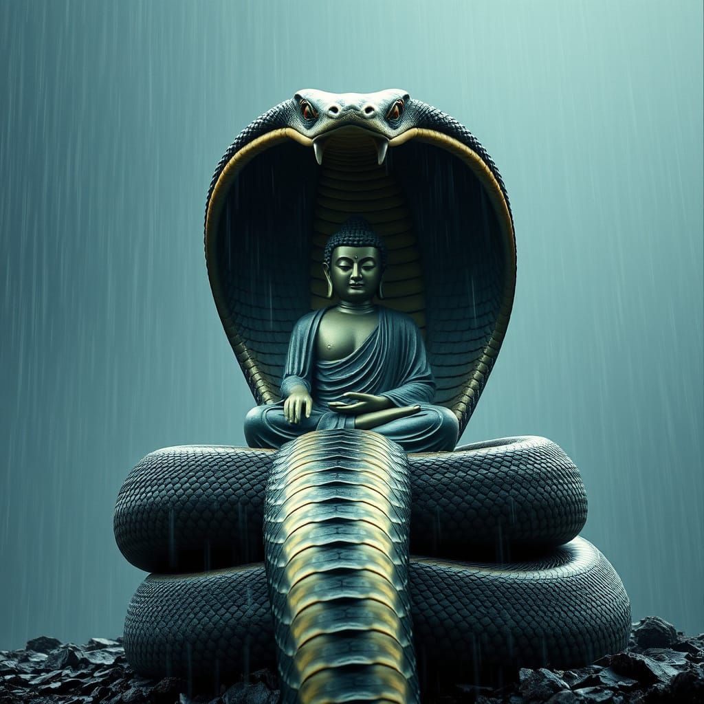 Regal Buddha Amidst Cobra's Grand Vignette