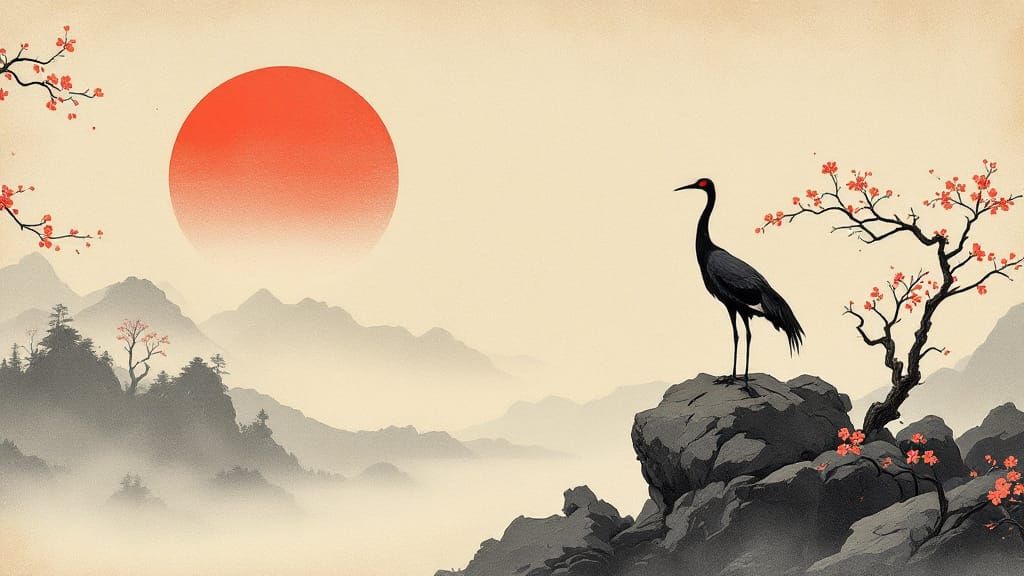 Solitary Crane at Sunrise in Hokusai & Shinoda Style