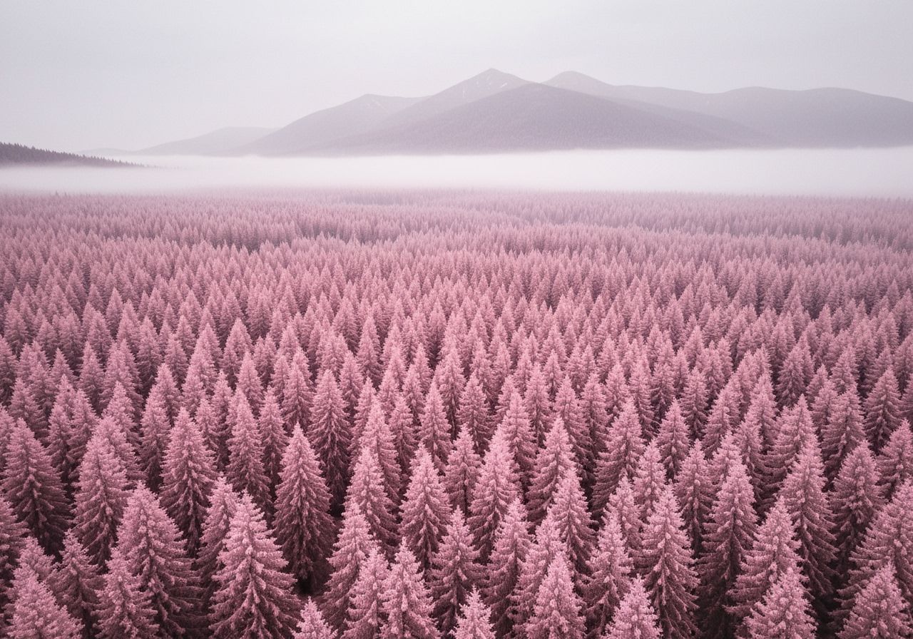 Pink Forest Landscape Painting with Foggy Mountains