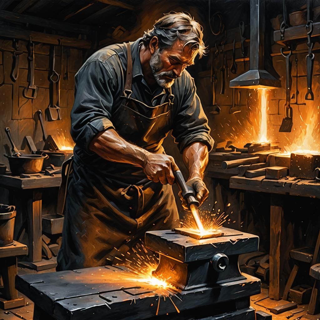 Blacksmith at Work: Charcoal Illustration with Chiaroscuro