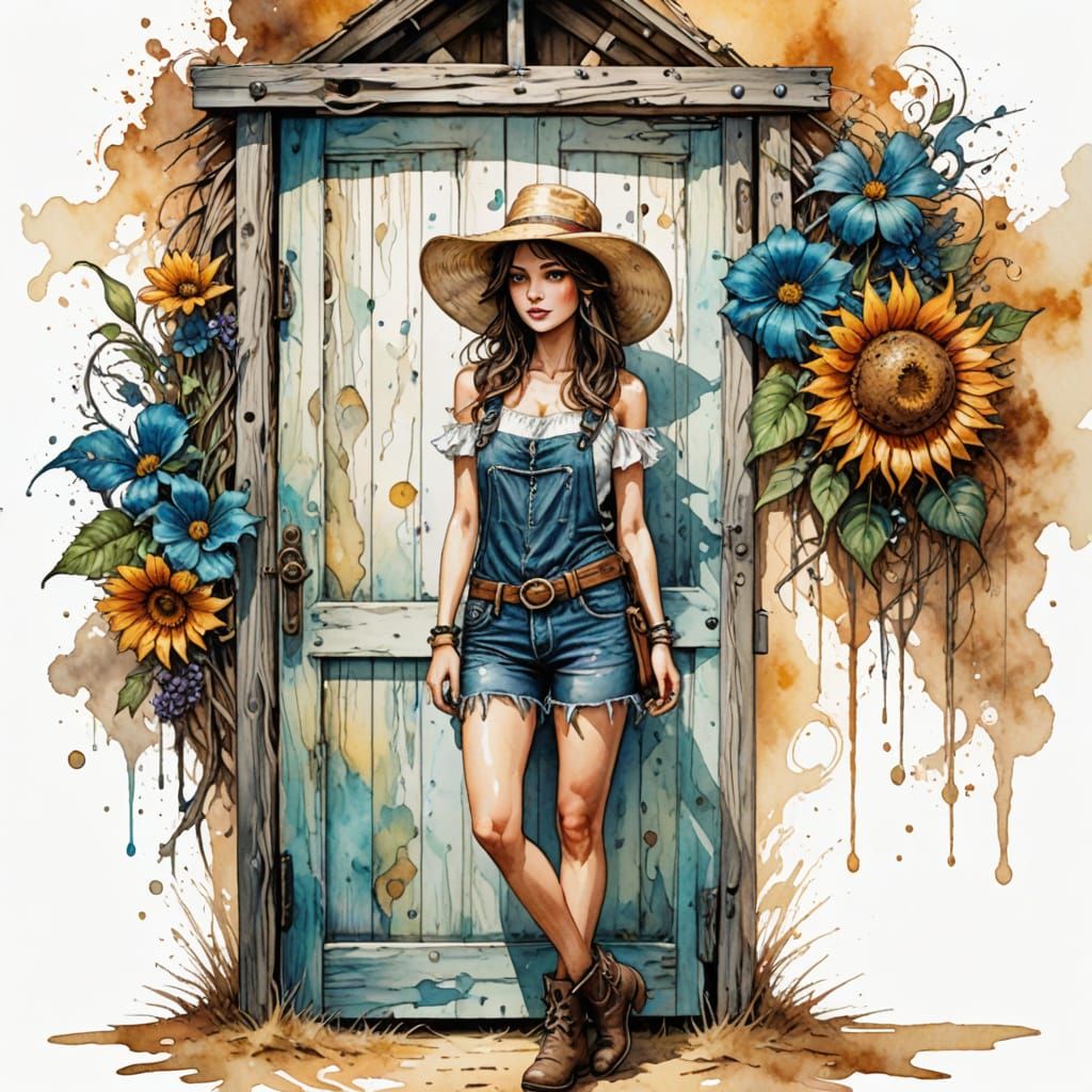 Enchanting Farm Girl in Whimsical Watercolor Surrealism