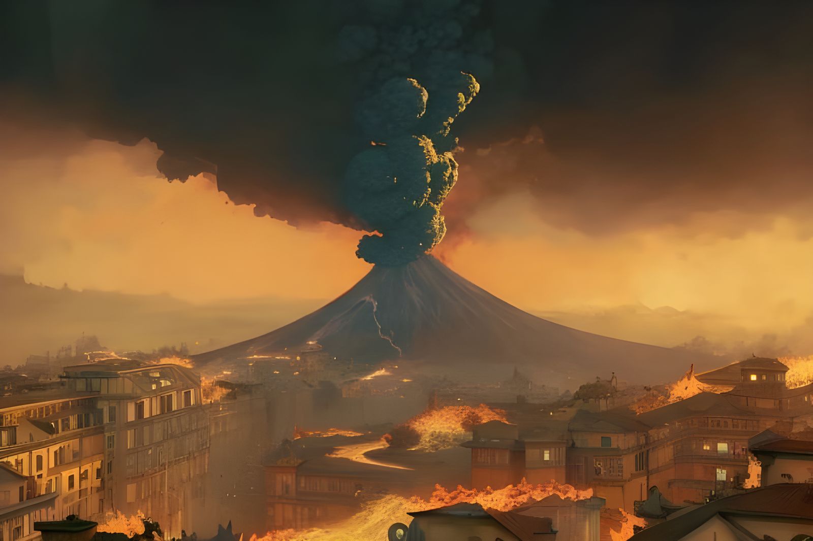 Volcanic Eruption over Ancient Roman City in Art Nouveau Sty...