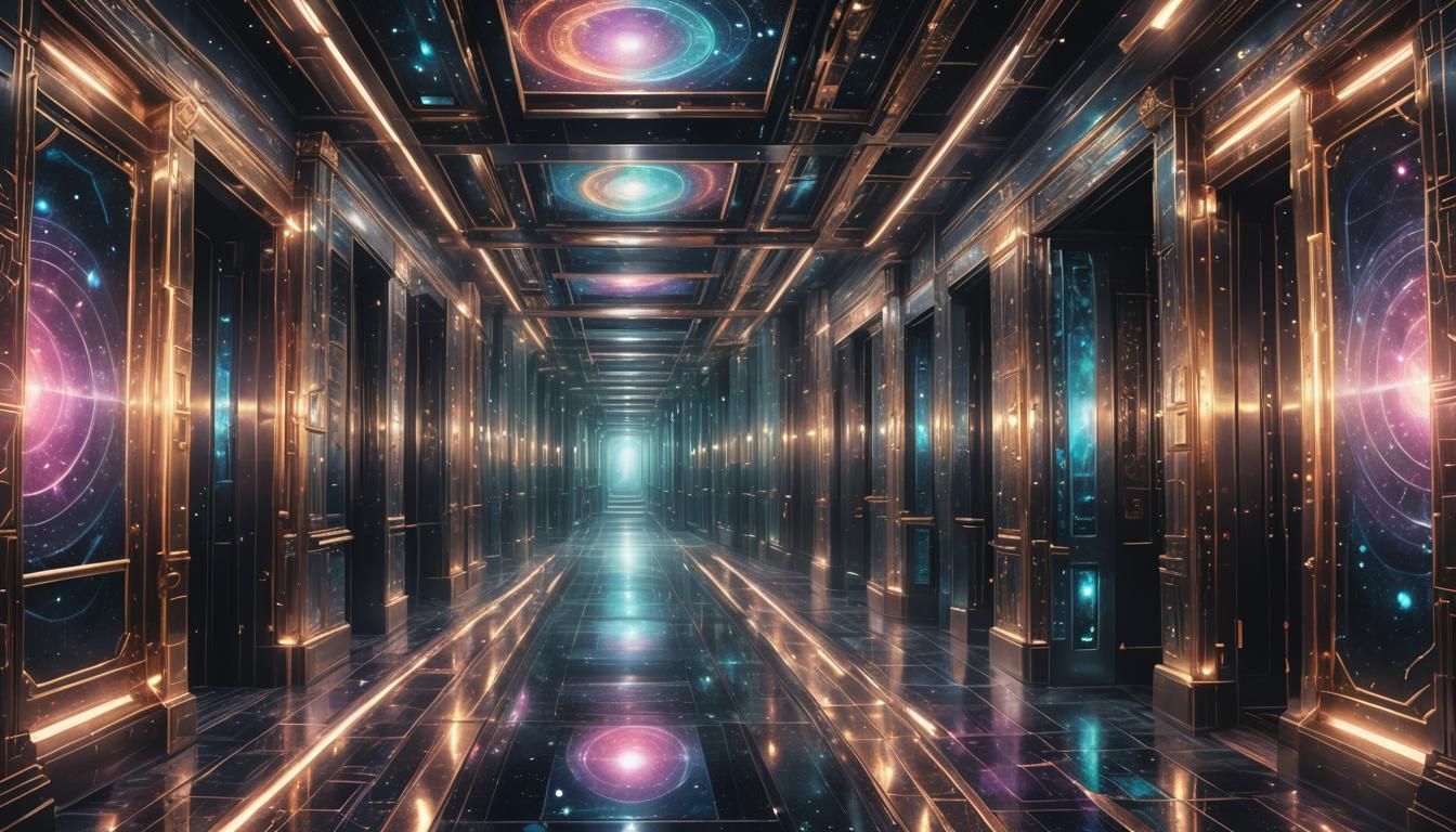 Mystical Corridor with Open Elevator, Astral Illustration