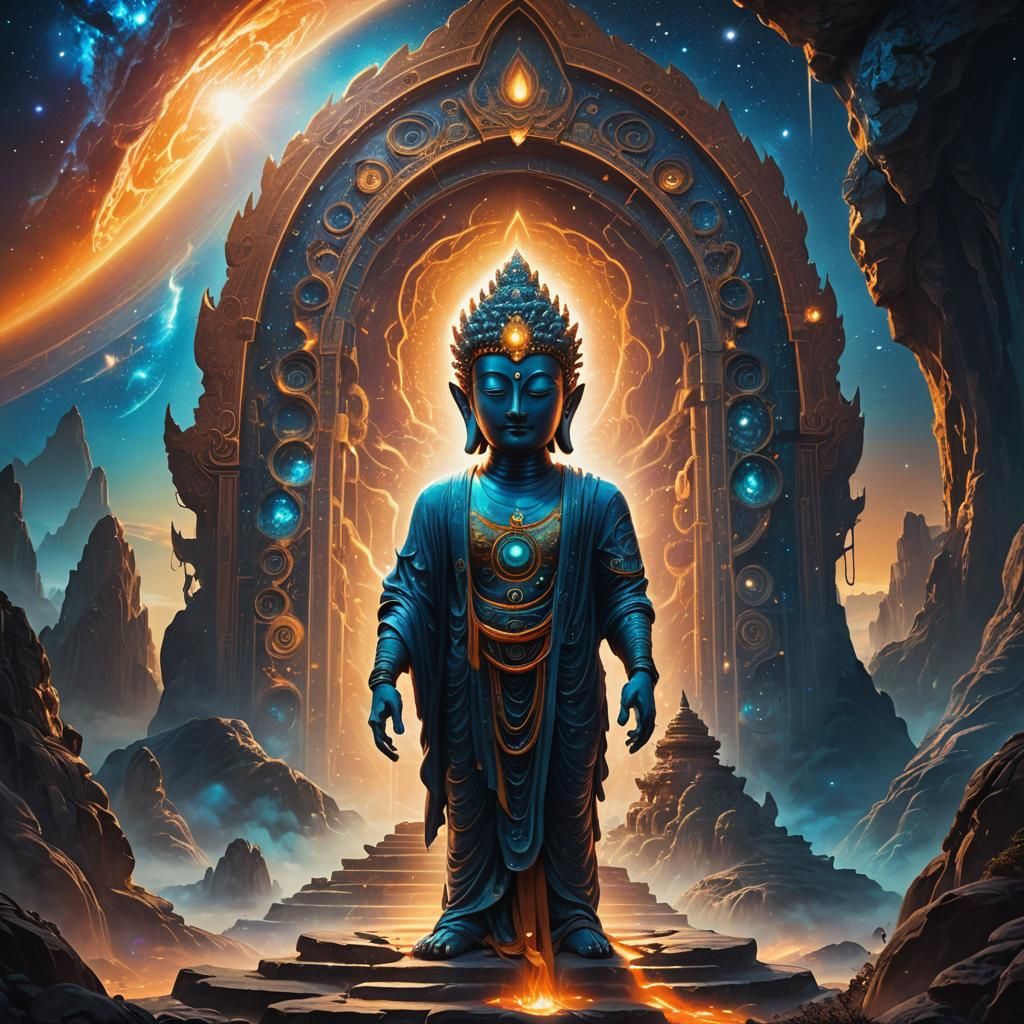 Alien Buddha in Cosmic Fantasy Landscape