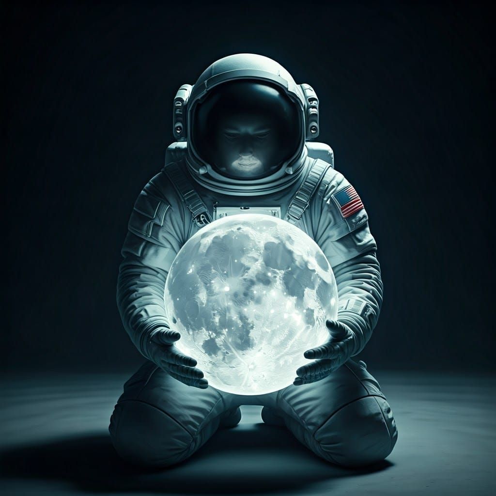 Astronaut Contemplates Glowing Moon in Deep Space