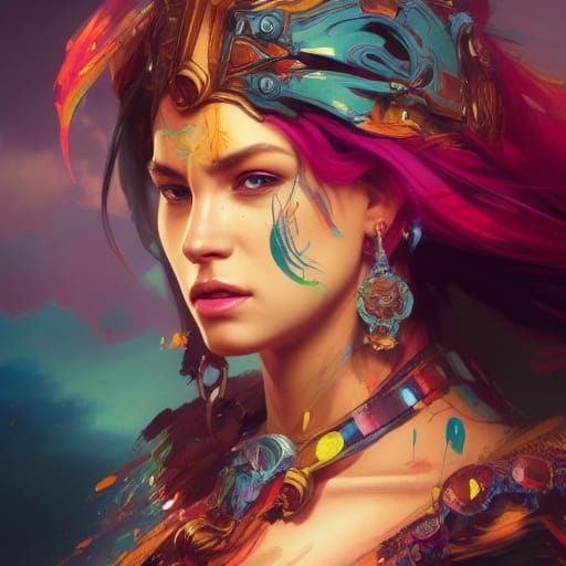Colorful Warrior Princess Portrait, Hyperdetailed Digital Ar...