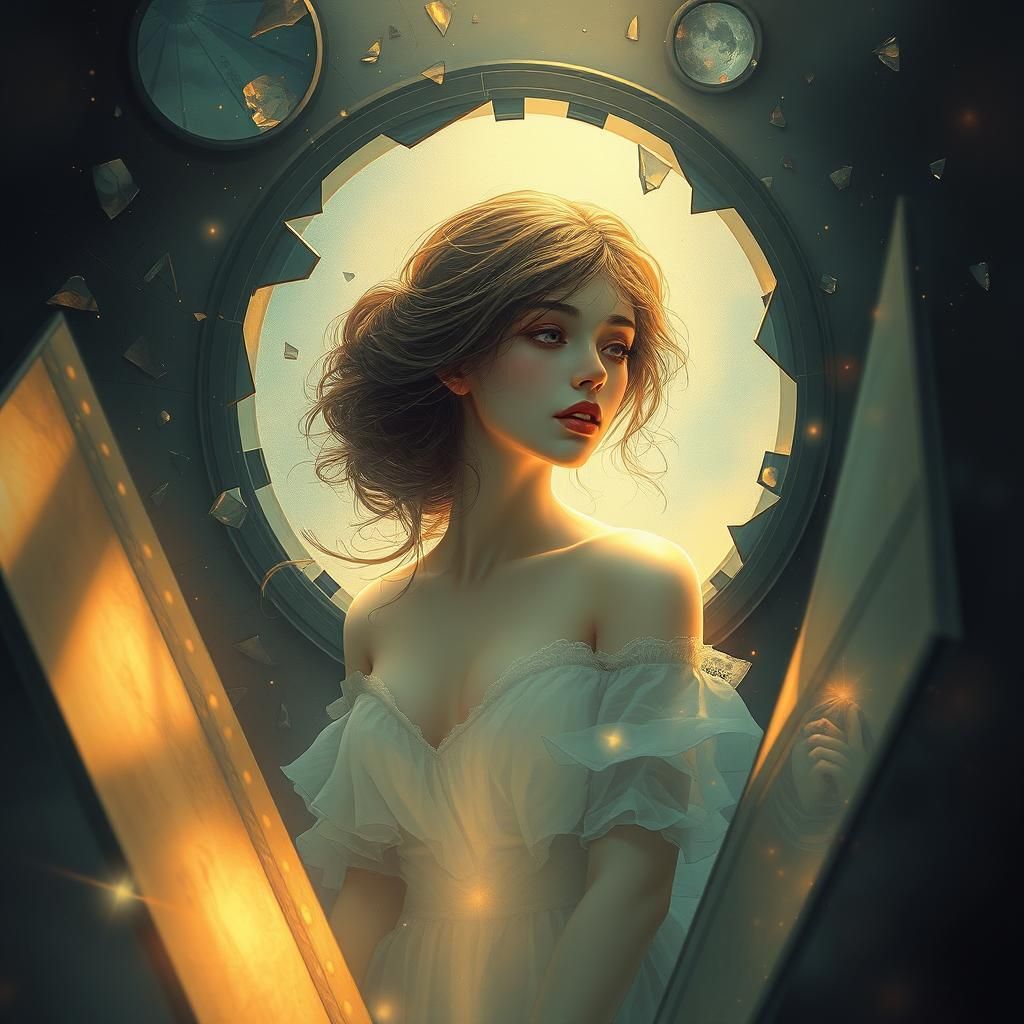 Ethereal Woman in Shattered Mirror Dreamscape