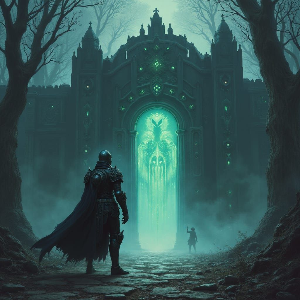 Spectral Knight Guarding Mist Gate in Dark Fantasy Realm