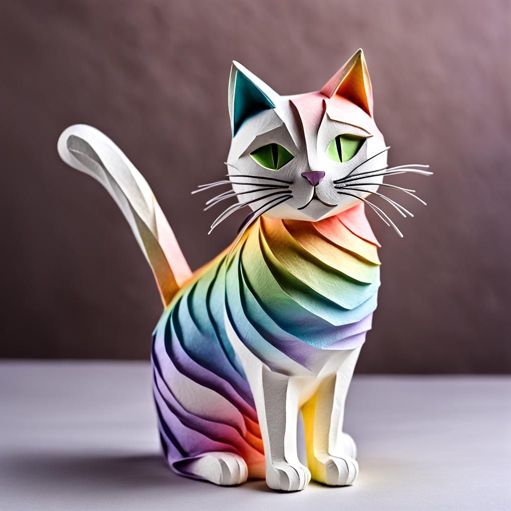 Rainbow Paper Cat Sculpture in Pastel Colors