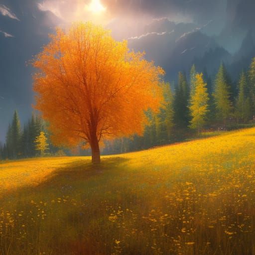 Golden Aspen Tree in a Bright Flower Meadow