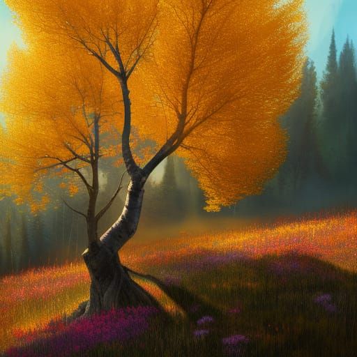 Golden Aspen Tree in Sunlit Flower Meadow