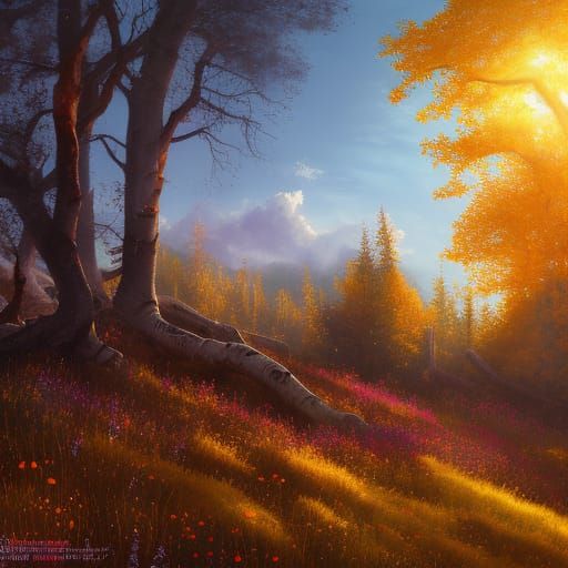 Golden Aspen Tree in Sunlit Flower Meadow