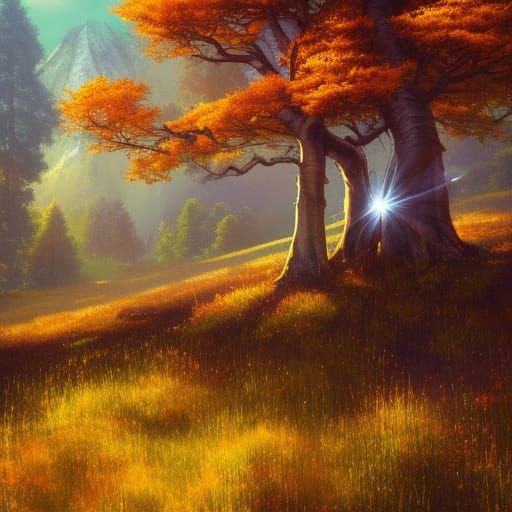 Golden Aspen Tree in a Bright Flower Meadow