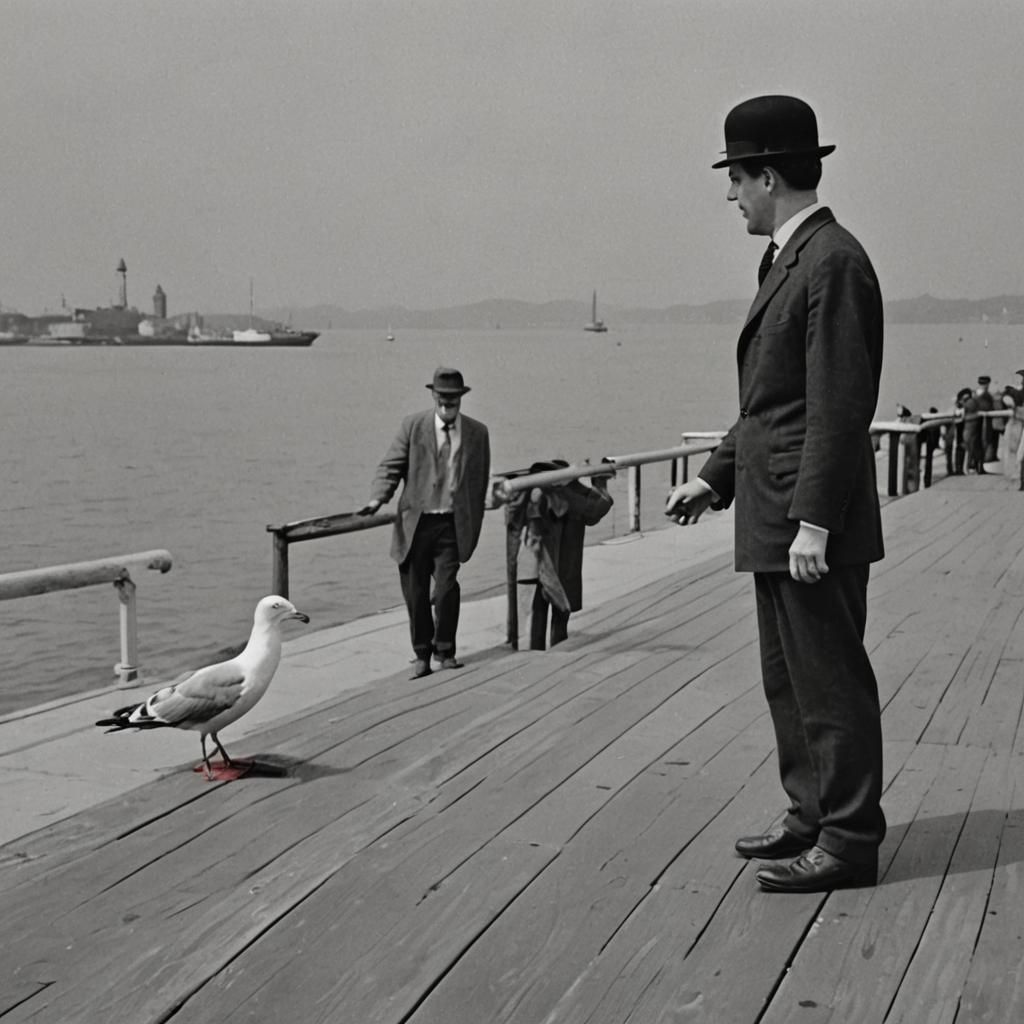 seagull stealing a hotdog from charlie Chaplin on pier 1960s...