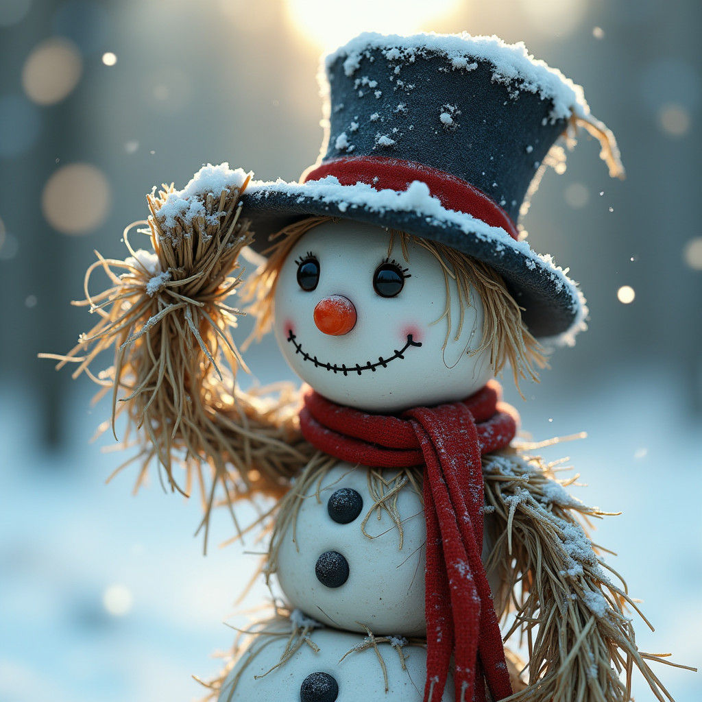 Scarecrow Snowman Tipping Hat: Hyperrealistic Digital Art