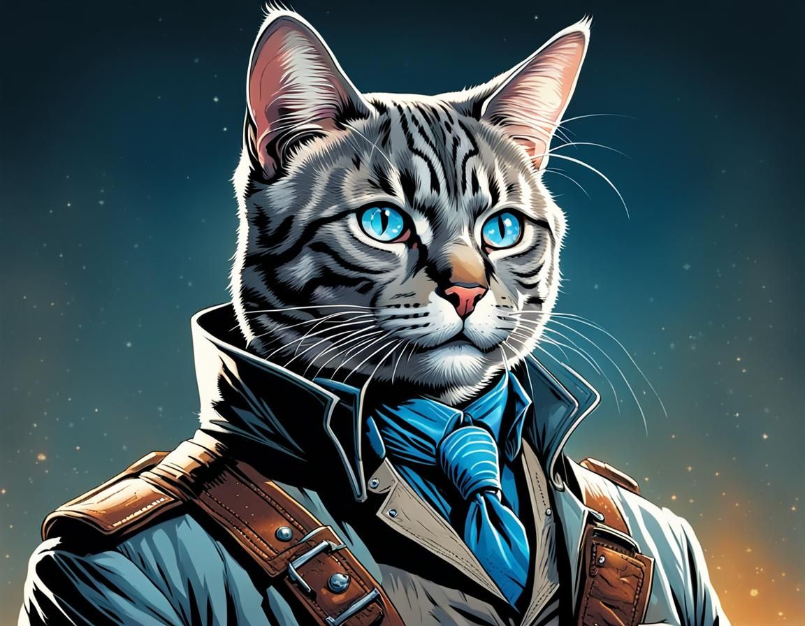 grey tabby cat wearing a holster