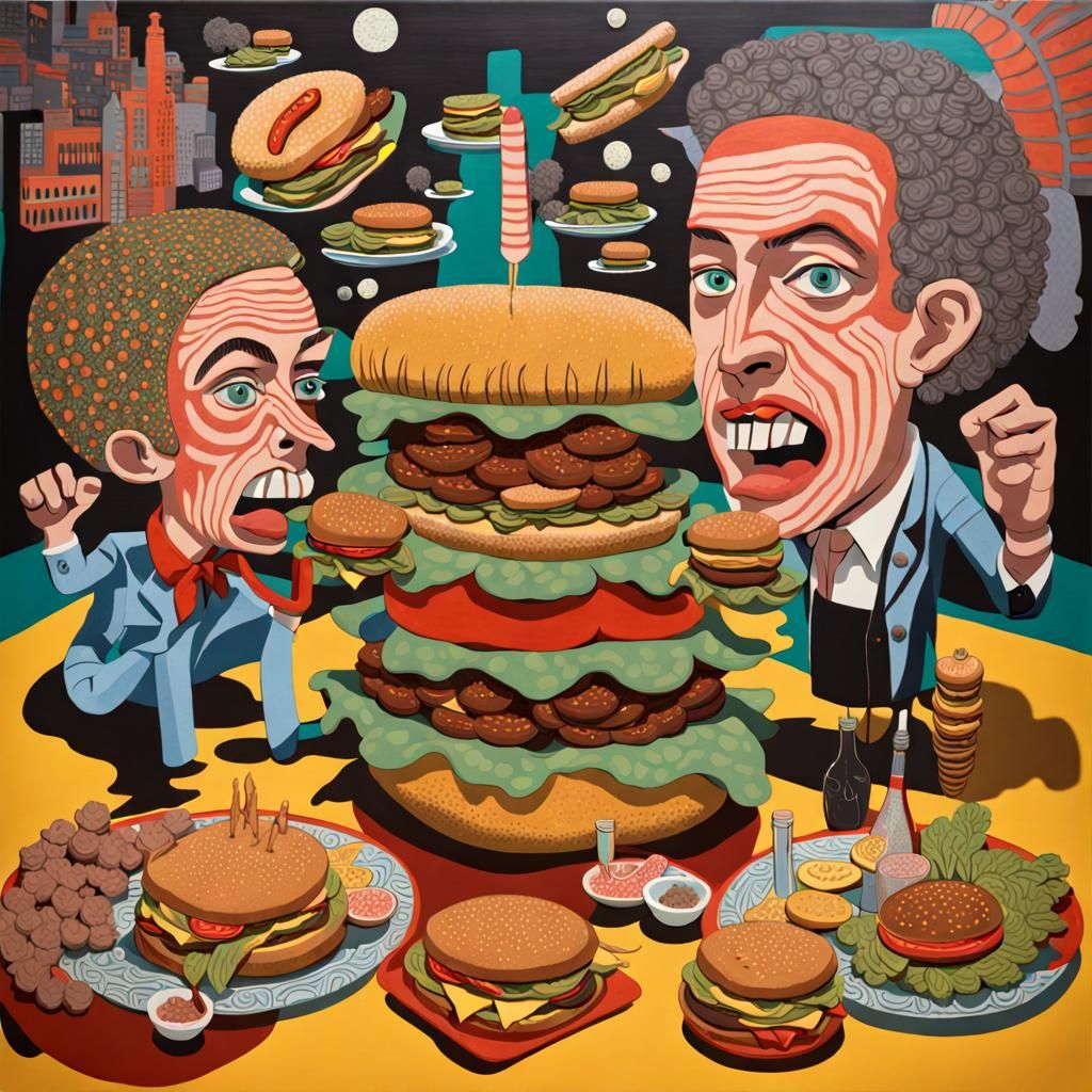 Whimsical Hamburger Fist Fight in Folk Art Style