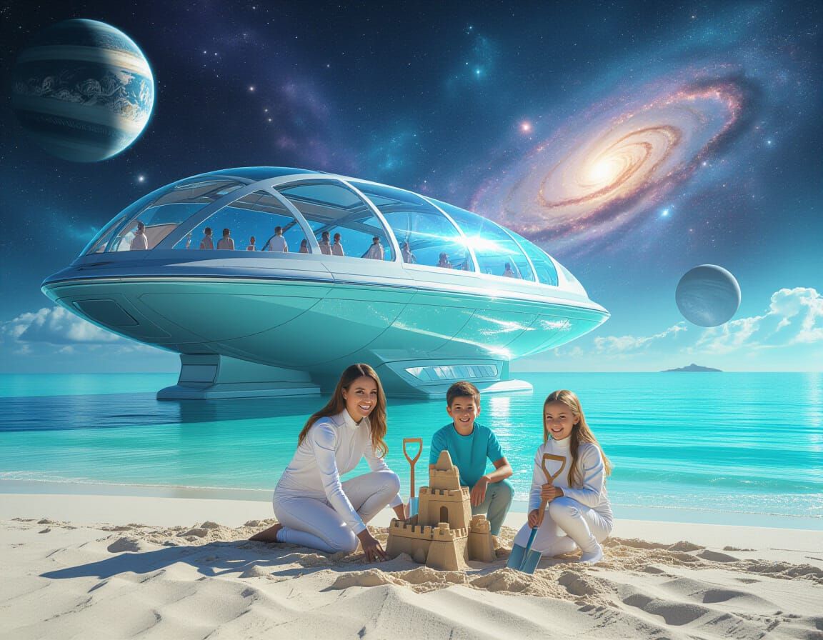 Family Photo on Alien World Inside Glass Spaceship