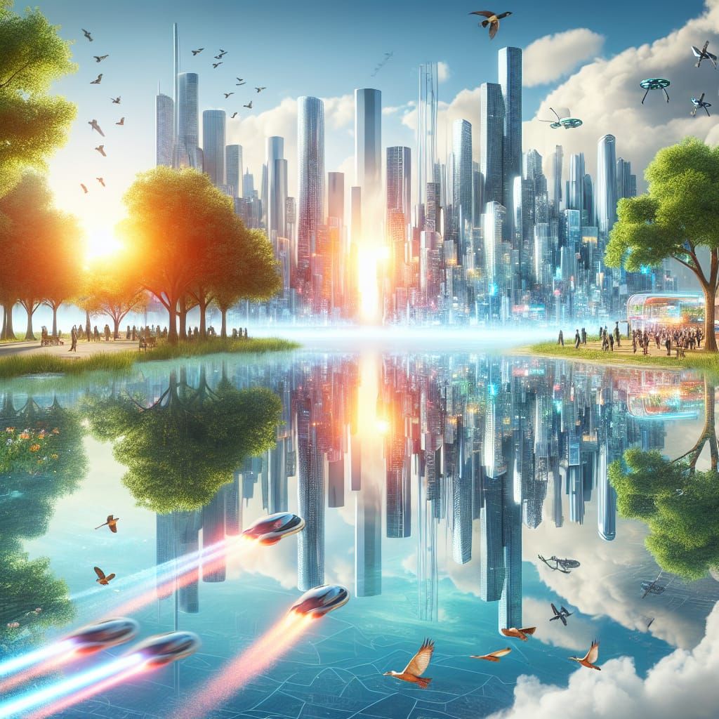 Dual Reality: Serene Lake Reflects Future City